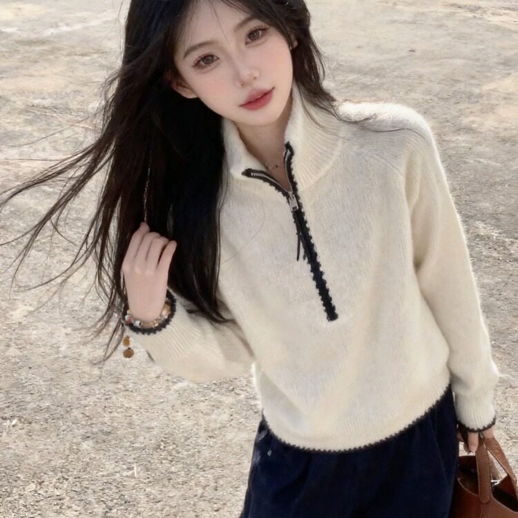 小众别致半拉链立领毛衣女2026秋冬新款慵懒通勤长袖针织打底衫女