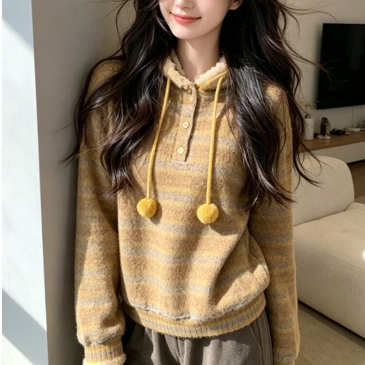 费尔岛洋气连帽加厚针织衫毛衣女2026秋冬新款宽松上衣打底衫女