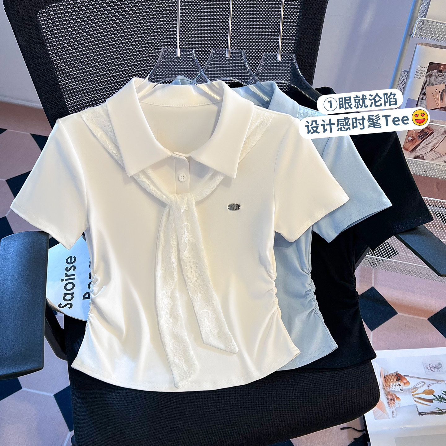 啄木鸟纯棉T恤女短袖2026夏季新款修身蕾丝小衫配围巾短款上衣女