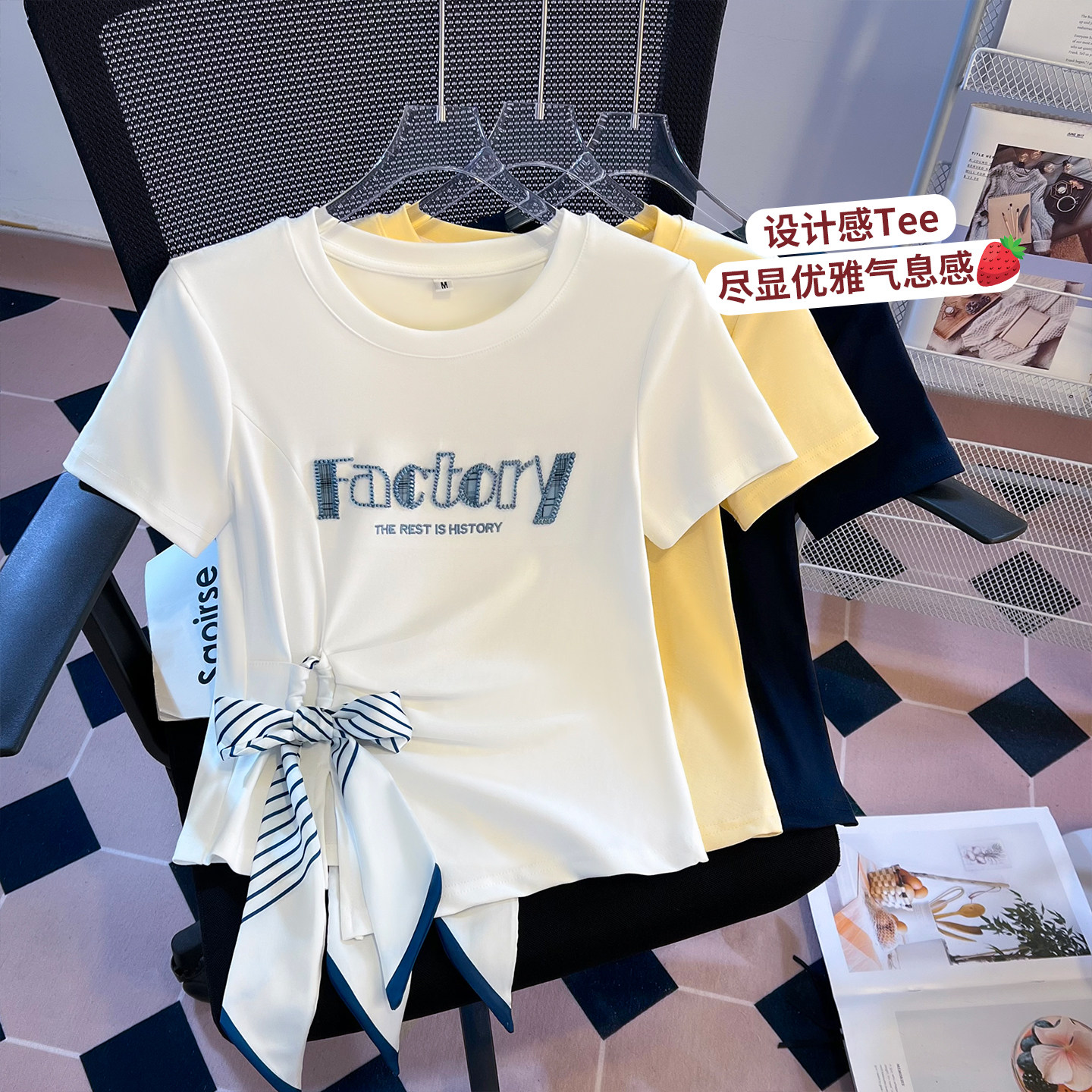 啄木鸟纯棉短袖t恤女系带刺绣2026夏季新款修身短款设计感上衣女