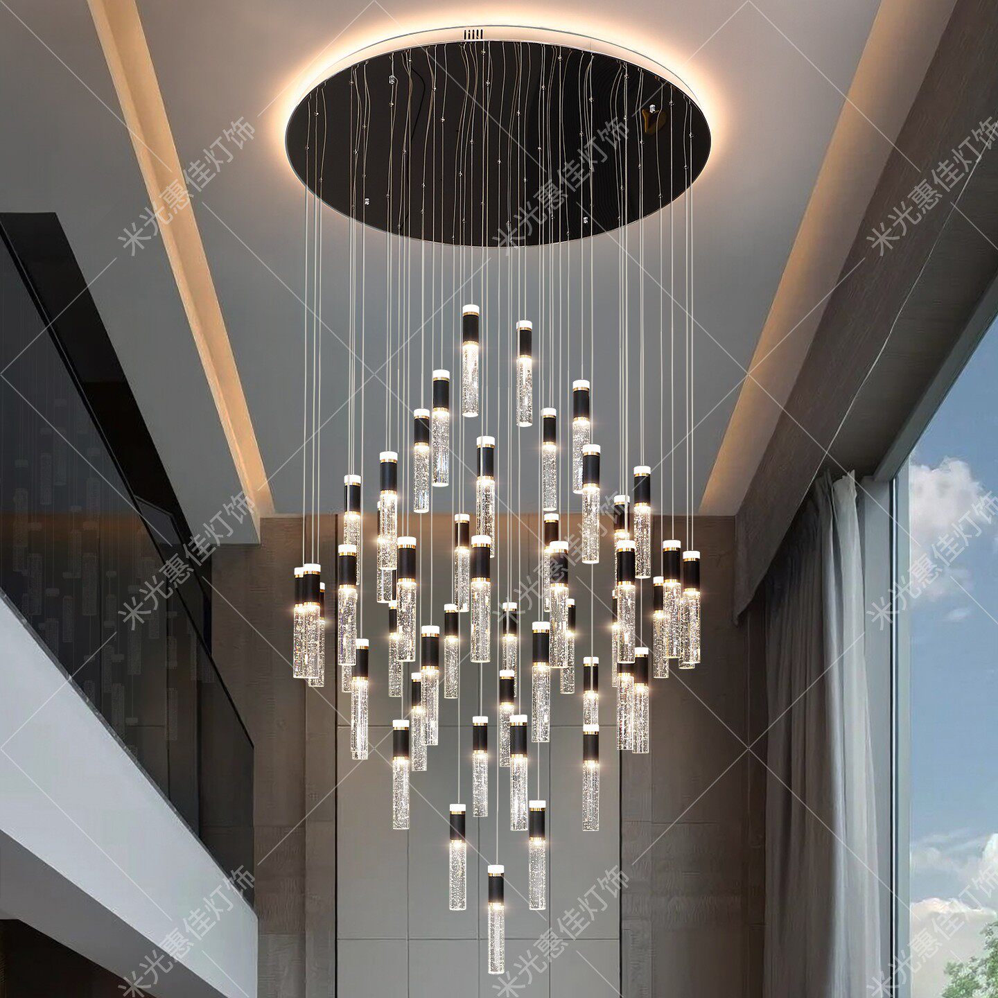 别墅挑空客厅大吊灯复式楼轻奢水晶灯高级感现代艺术中空楼梯灯具