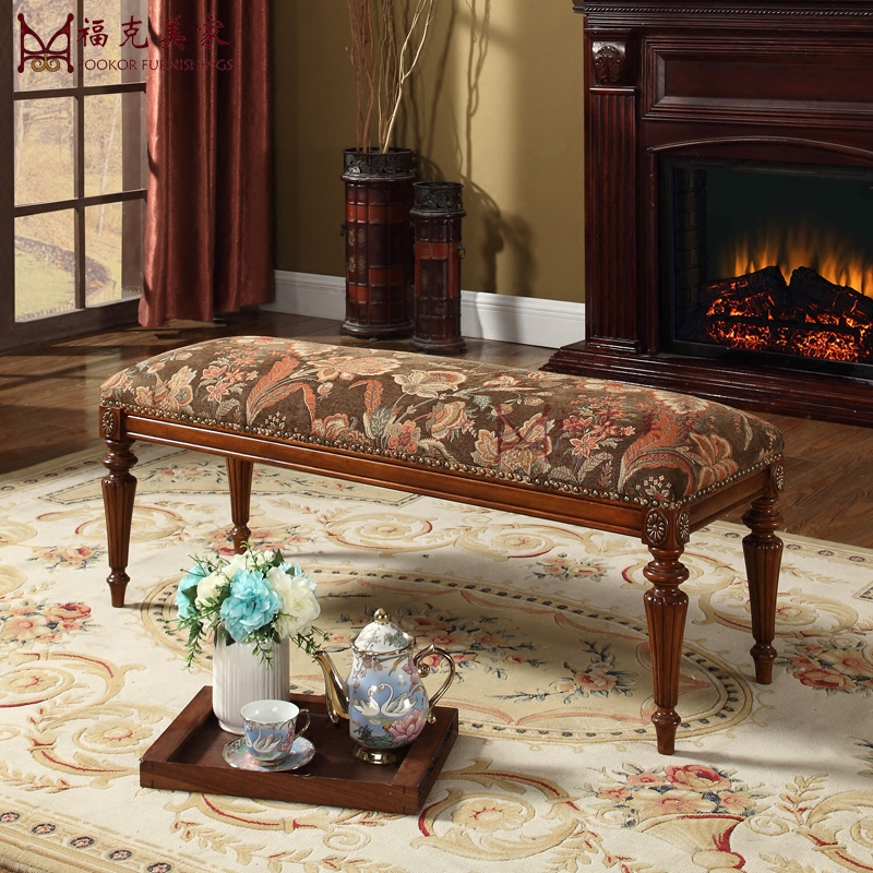 美式实木床头凳床尾凳欧式客厅布艺换鞋凳床前简约凳子卧室长条凳