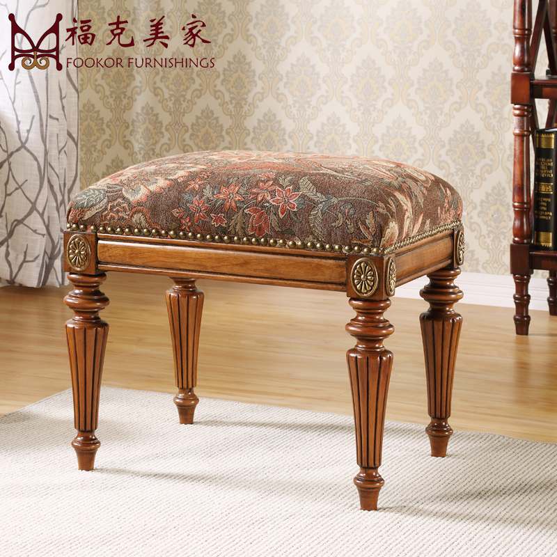 美式纯实木梳妆凳欧式白色化妆凳小凳子复古简约换鞋凳古筝凳钢琴