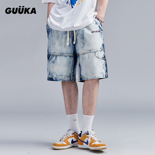 GUUKA国潮蓝色刺绣牛仔短裤 宽松 青少年嘻哈褪色工艺五分裤 男夏季