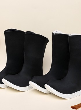 黑色缎面翘头古装靴子古风汉服靴男武侠靴演出女靴子汉服靴男皂靴