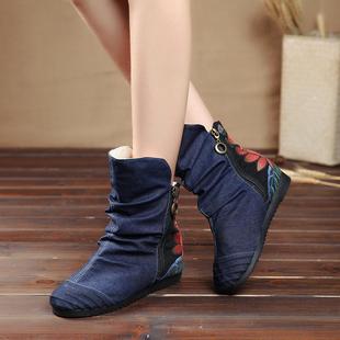 国风汉服女内增高平底旗袍短靴冬民族风绣花靴 老北京布鞋 清仓