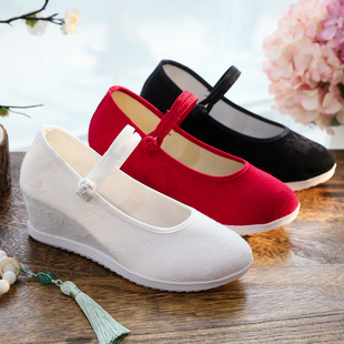 7厘米汉服鞋女春夏老北京布鞋增高禅意绣花鞋坡跟民族风茶艺师鞋