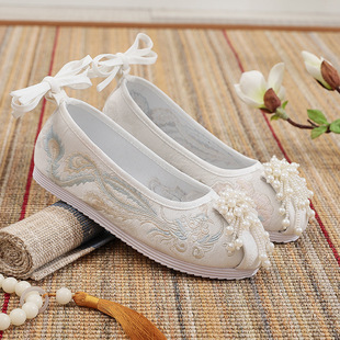 女夏季 布鞋 珠花刺绣花单鞋 素改良绣花鞋 平底圆头汉元 古风汉服鞋