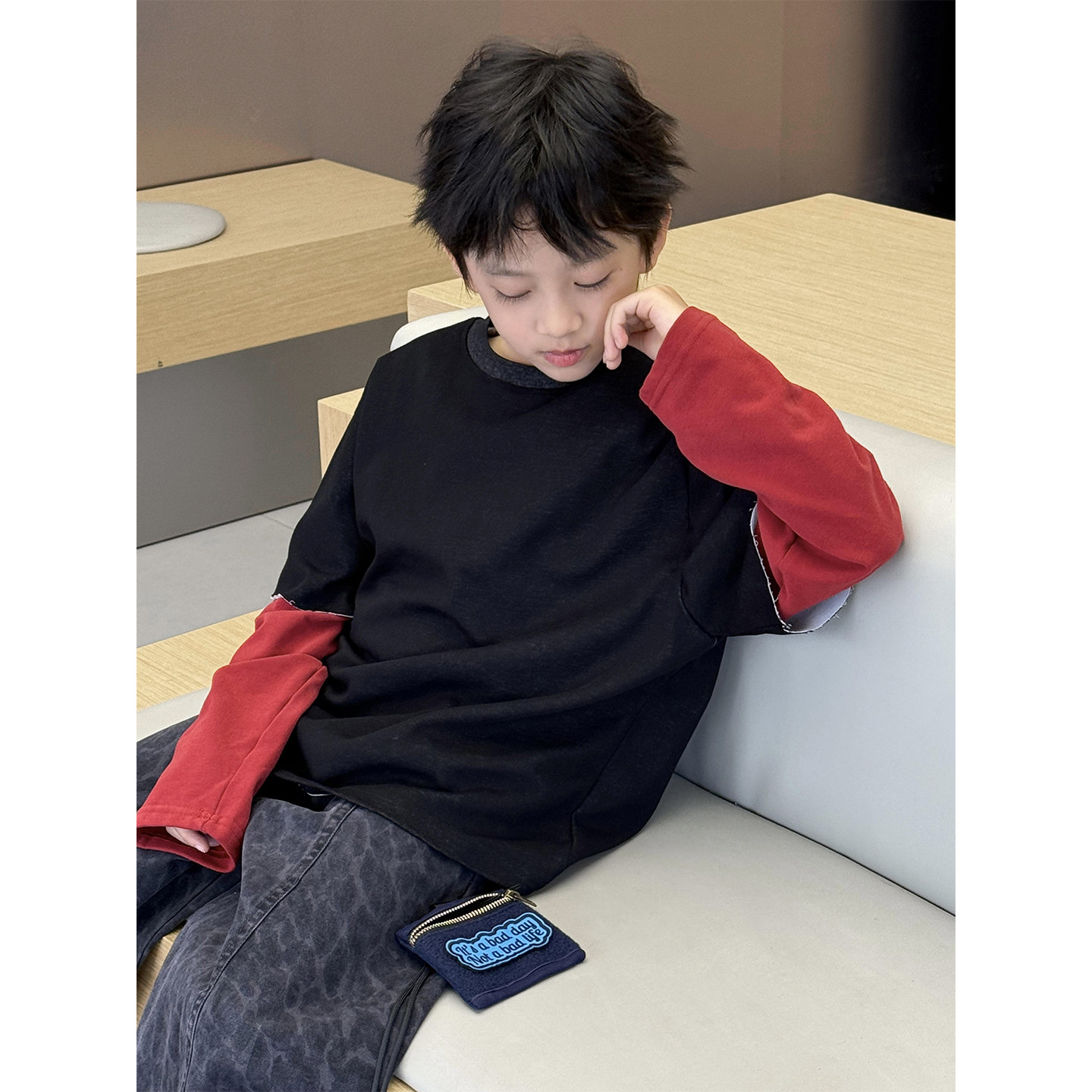 2025秋装新款男童T恤长袖帅气童装中小童条纹拼接儿童假两件打底