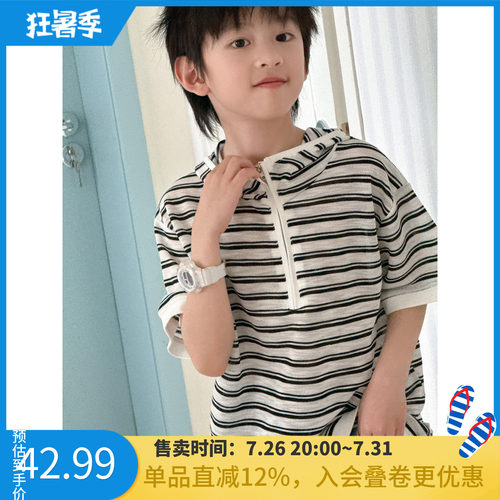 儿童连帽短袖2026夏季新款男童女宝洋气半开衫条纹防晒半袖上衣t