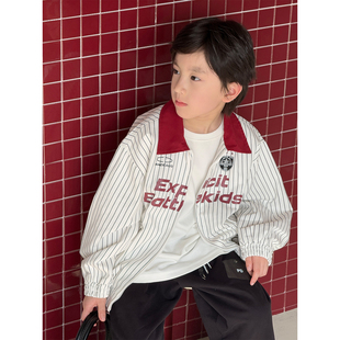 2026春装新款男童条纹外套韩版洋气字母上衣儿童红色翻领夹克童装