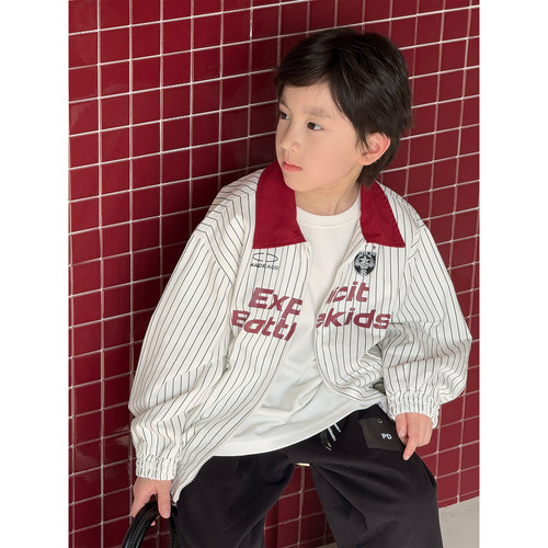 2026春装新款男童条纹外套韩版洋气字母上衣儿童红色翻领夹克童装