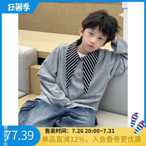 儿童翻领T恤2025新款秋装气质时髦上衣洋气儿童长袖套头衫假两件