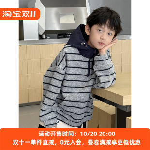 男童连帽卫衣2026春秋装新款儿童长袖T恤条纹套头衫男孩帅气上衣