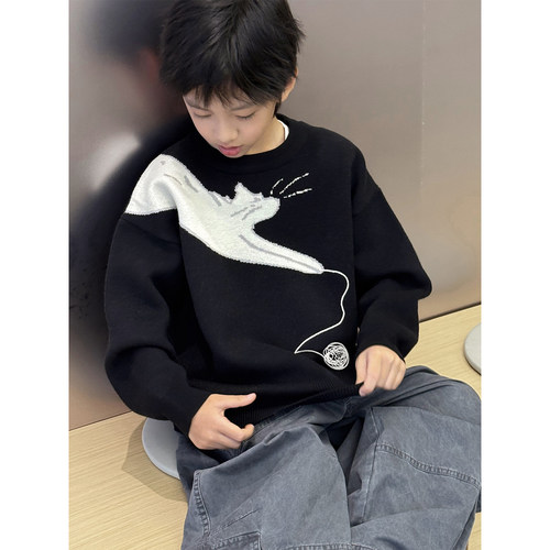 男童针织毛衣2025秋装新款韩版儿童休闲套头打底女宝童趣圆领上衣