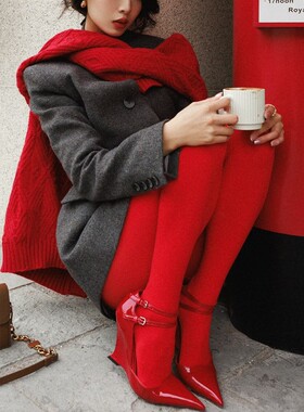 FallenAngels/凡洛纪 红黑色哑光60D丝袜连裤袜女秋季外穿打底袜