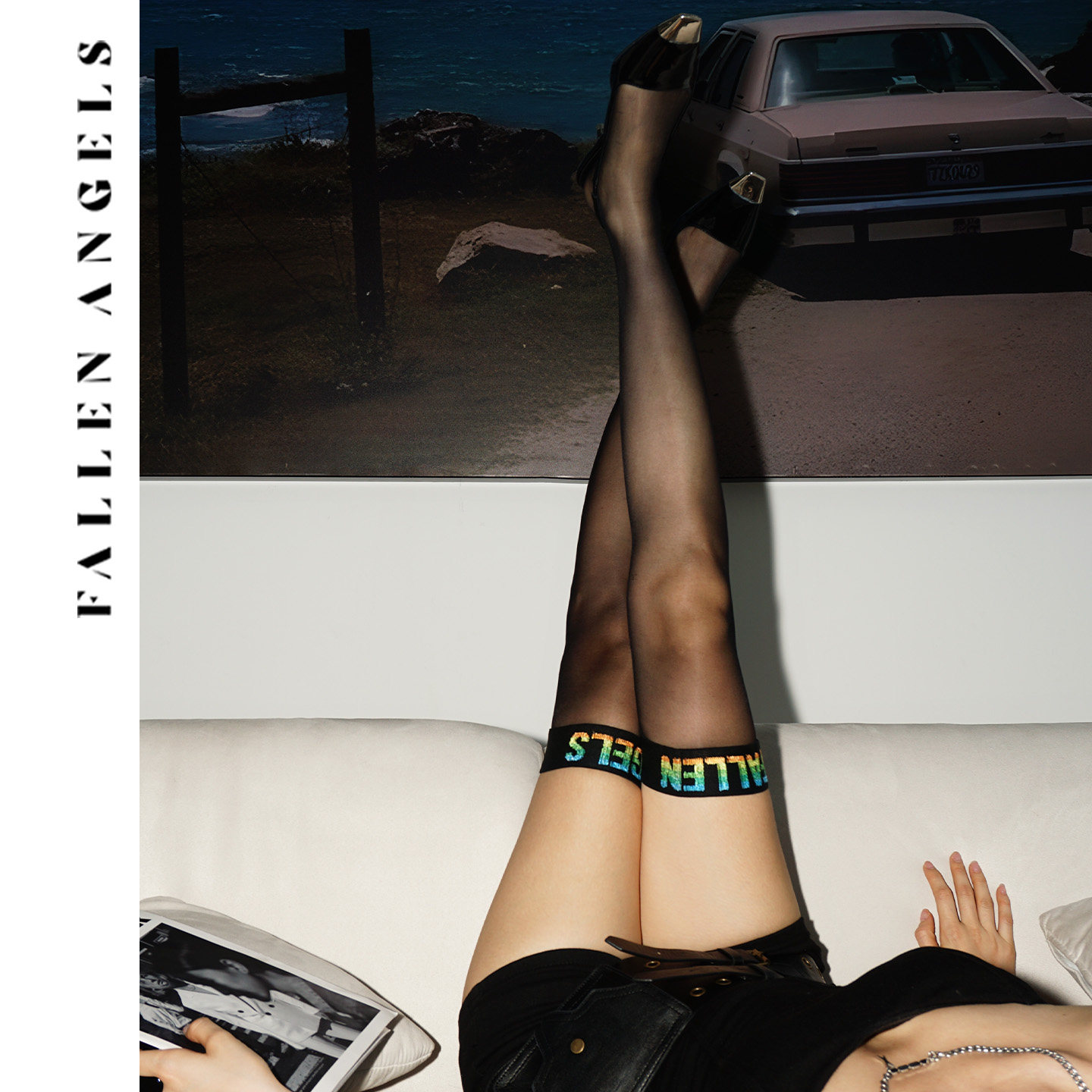 FallenAngels/凡洛纪 Skyline彩虹绒性感黑丝薄辣妹长筒过膝腿袜