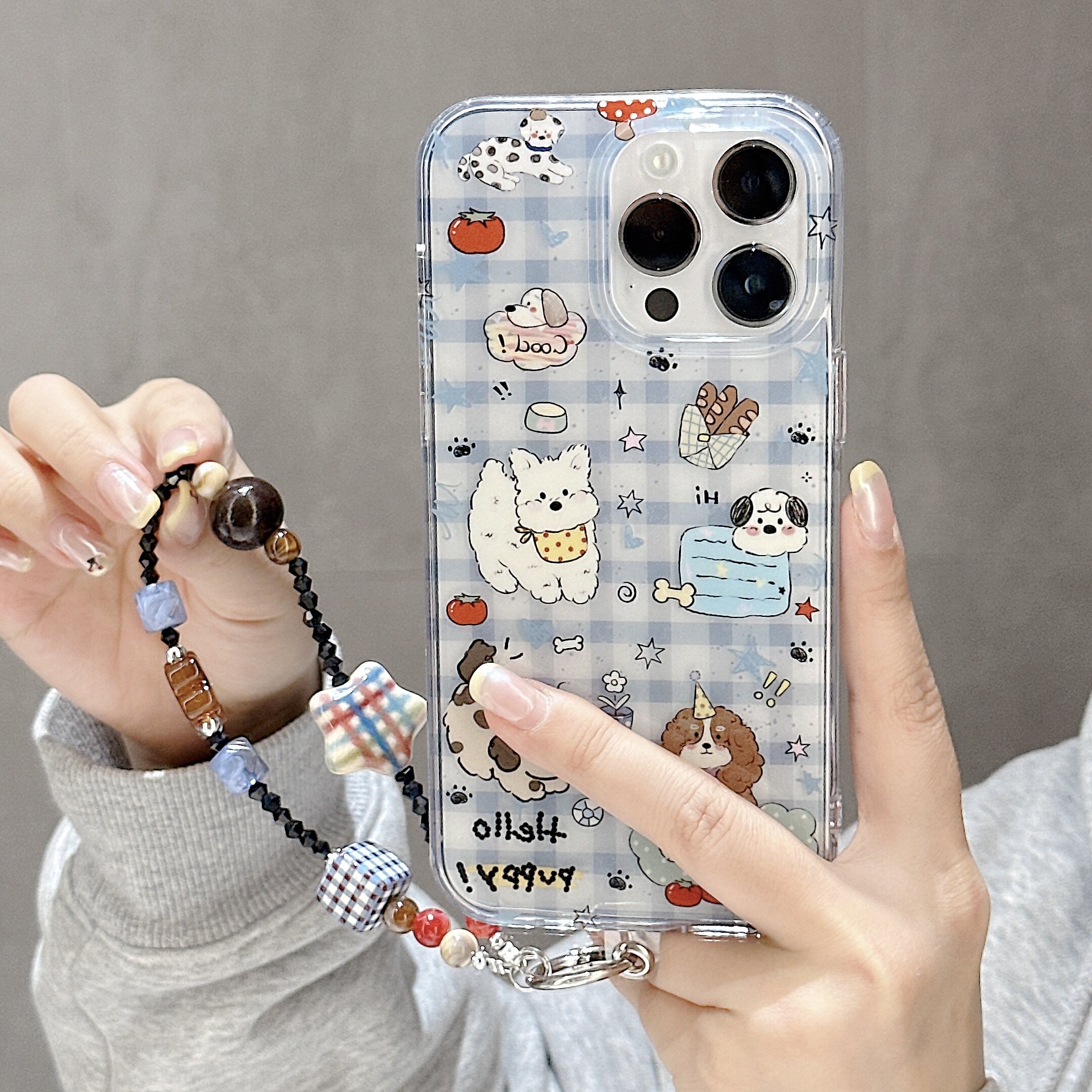 适用于iPhone17promax手机壳16promax全包防摔IMD可爱蓝色格子狗狗15pro软边硬背14PRO卡通ip苹果手机壳手链