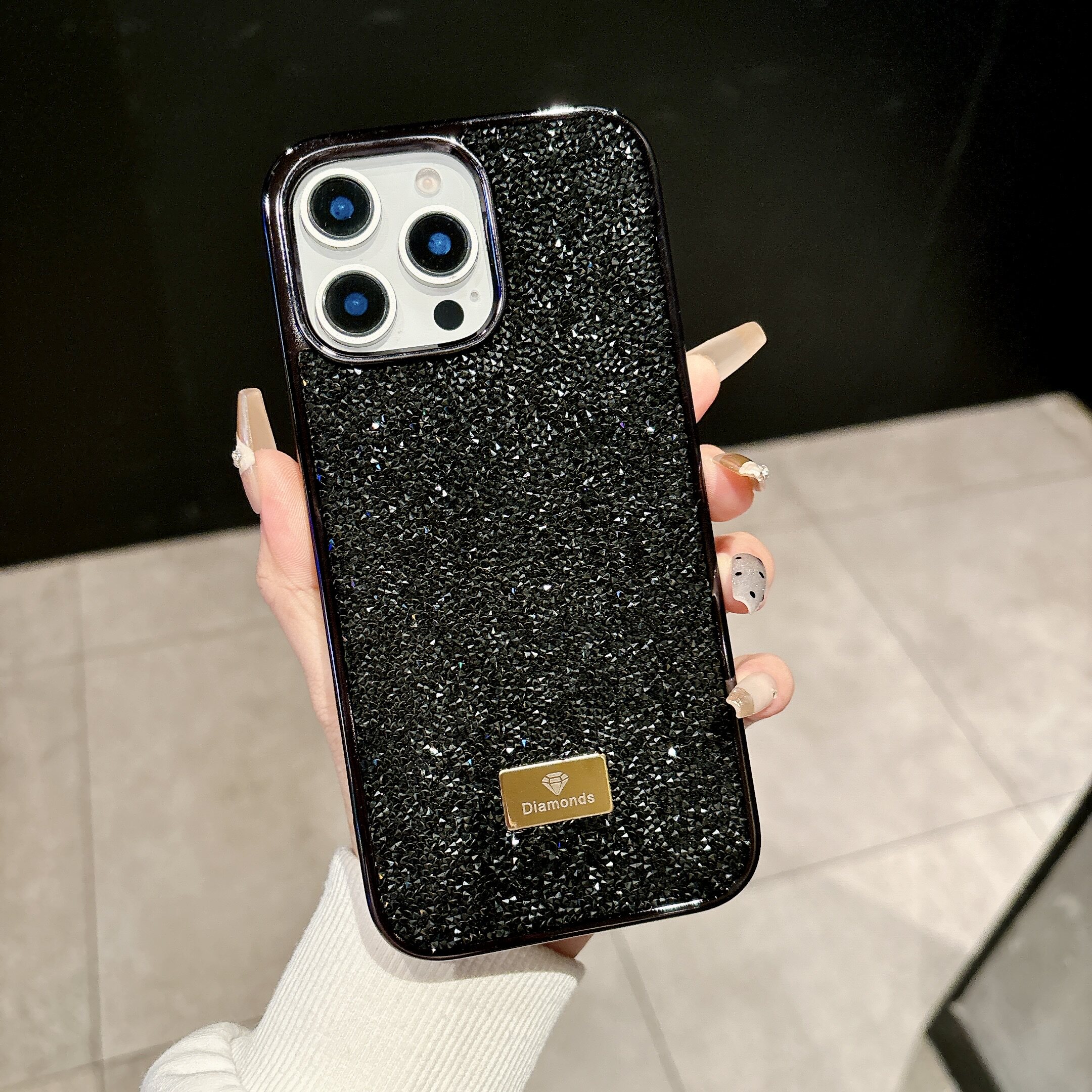 适用16pro手机壳16E全包手机壳15防摔14大孔13电镀12挂绳孔11高颜值苹果手机壳女款水钻手机壳粉色黑色闪闪IP