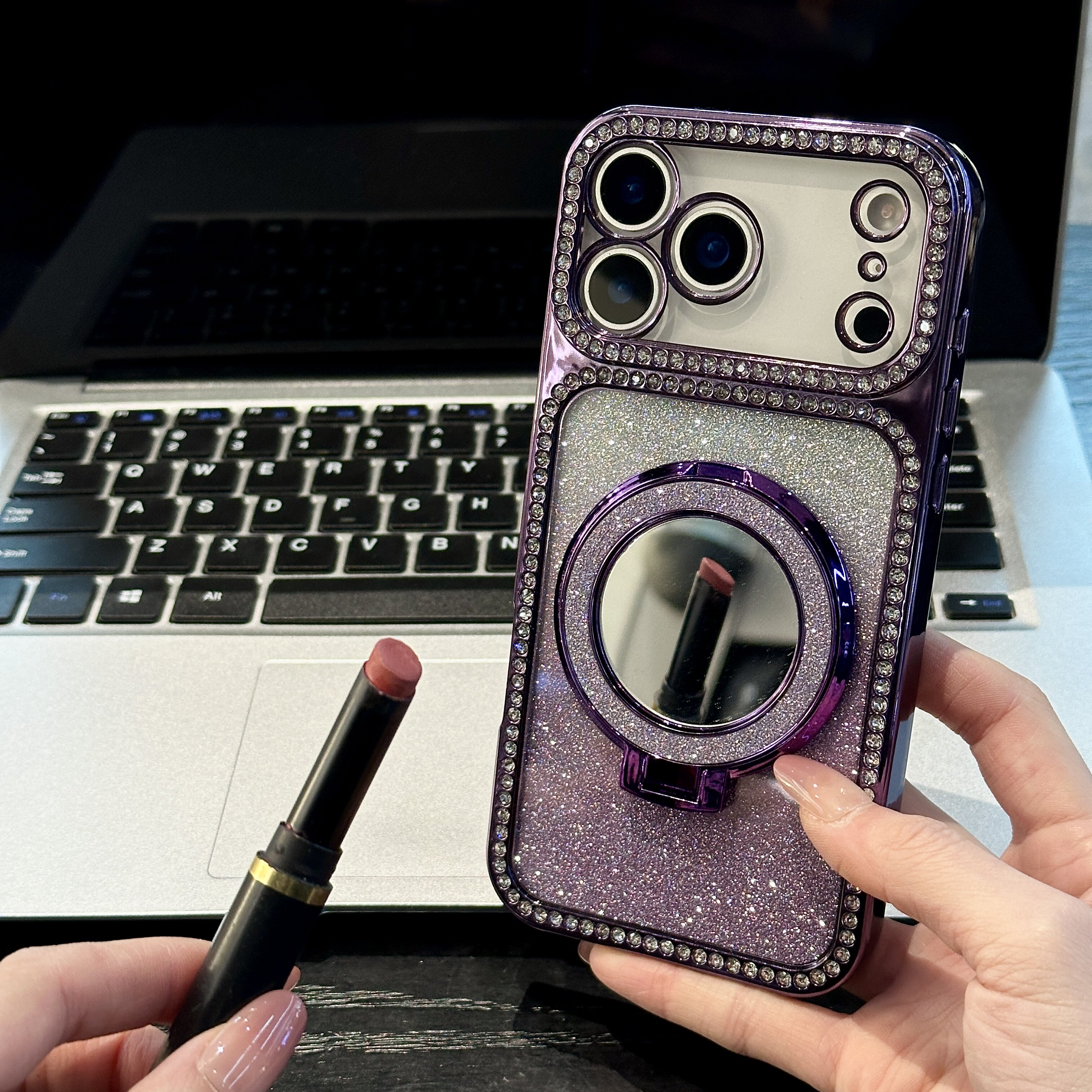 适用于iPhone17promax手机壳17全包手机壳防摔16带镜子15pro闪钻14高级感IP13pro苹果手机壳支架电镀闪粉卡纸