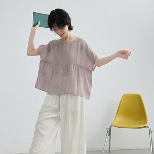 拙外【绿意】法式小资小上衣淡紫色温柔夏季小衫轻薄透气亚麻衬衫