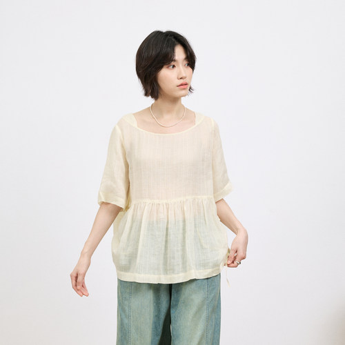 【拙外 7/13新品 00:00AM】100%苎麻短袖上衣女宽松圆领百搭衬衫