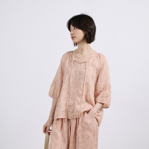 【拙外 7/13新品 00:00AM】100%苎麻系带中袖印花衬衫圆领上衣