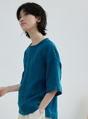 拙外【雾山】2026新款圆领亚麻t恤女蓝色时尚轻熟小众不撞款上衣