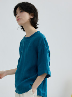 拙外【雾山】2026新款圆领亚麻t恤女蓝色时尚轻熟小众不撞款上衣