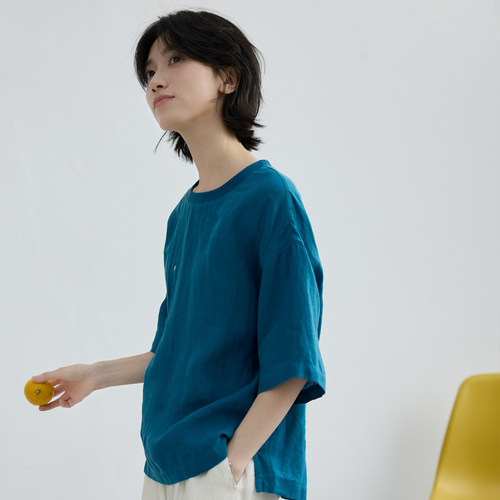 拙外【雾山】2026新款圆领亚麻t恤女蓝色时尚轻熟小众不撞款上衣