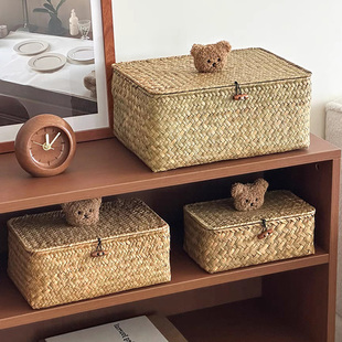 可爱小熊提手收纳盒带盖海草编织盒放卡片发夹零散桌面田园零食盒