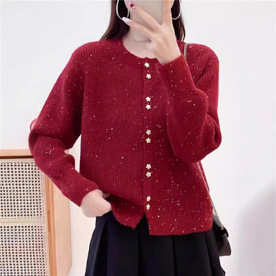 日韩针织开衫女2024年秋冬新款纽扣亮丝纯色宽松毛衣外套女上衣