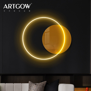 现代卧室床头装饰画客厅壁灯LED光发光圆形亚克力玻璃灯装置挂画