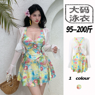 保守微胖女孩遮肉泡温泉油彩高级感游泳衣 罩衫 泳衣女大码 连体长袖