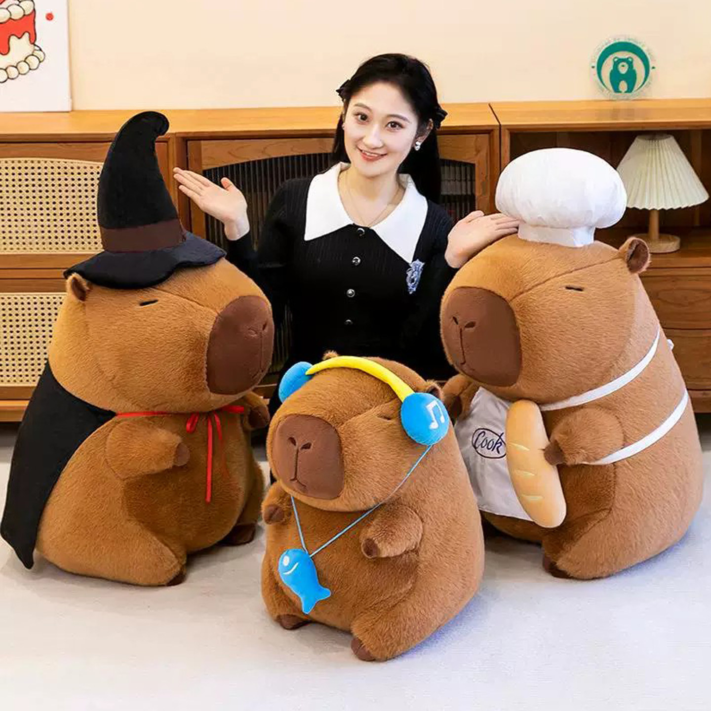 厨师魔法帽耳机卡皮巴拉公仔毛绒玩具呆萌水豚抓机布偶女生娃娃大
