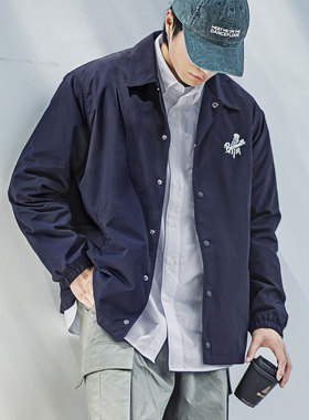 MRA男装日系复古刺绣教练夹克翻领藏青色运动外套棒球衣服男早春
