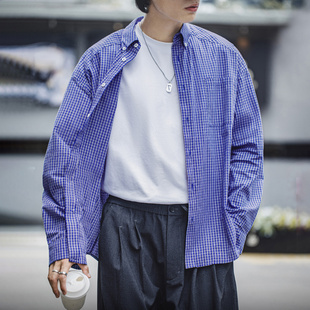 薄款 衬衫 纯棉轻量无压高智上衣男夏秋 miu系蓝色格子纹长袖 MRA男装
