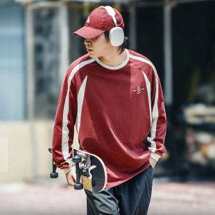 男春 T恤插肩运动印花打底衫 MRA男装 复古阿森纳球衣酒红色纯棉长袖