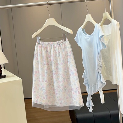 韩系网纱油画碎花半身裙女夏季设计感高腰显瘦字裙温柔气质中裙