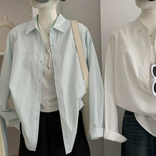 新款 翻领单排扣长袖 上衣春季 宽松衬衫 纯色中长款