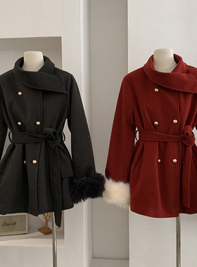 毛呢外套系冬季财阀千金围脖领夹棉长袖呢子大衣
