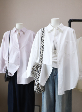 []早春新款韩版简约纯色宽松显瘦百搭中长款衬衫女