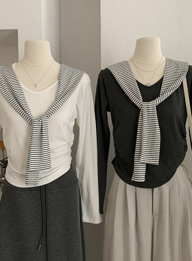 双侧褶皱收腰纯色领长袖修身显瘦短款恤搭条纹披肩4569