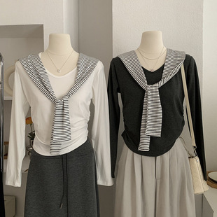 恤搭条纹披肩4569 显瘦短款 双侧褶皱收腰纯色领长袖 修身