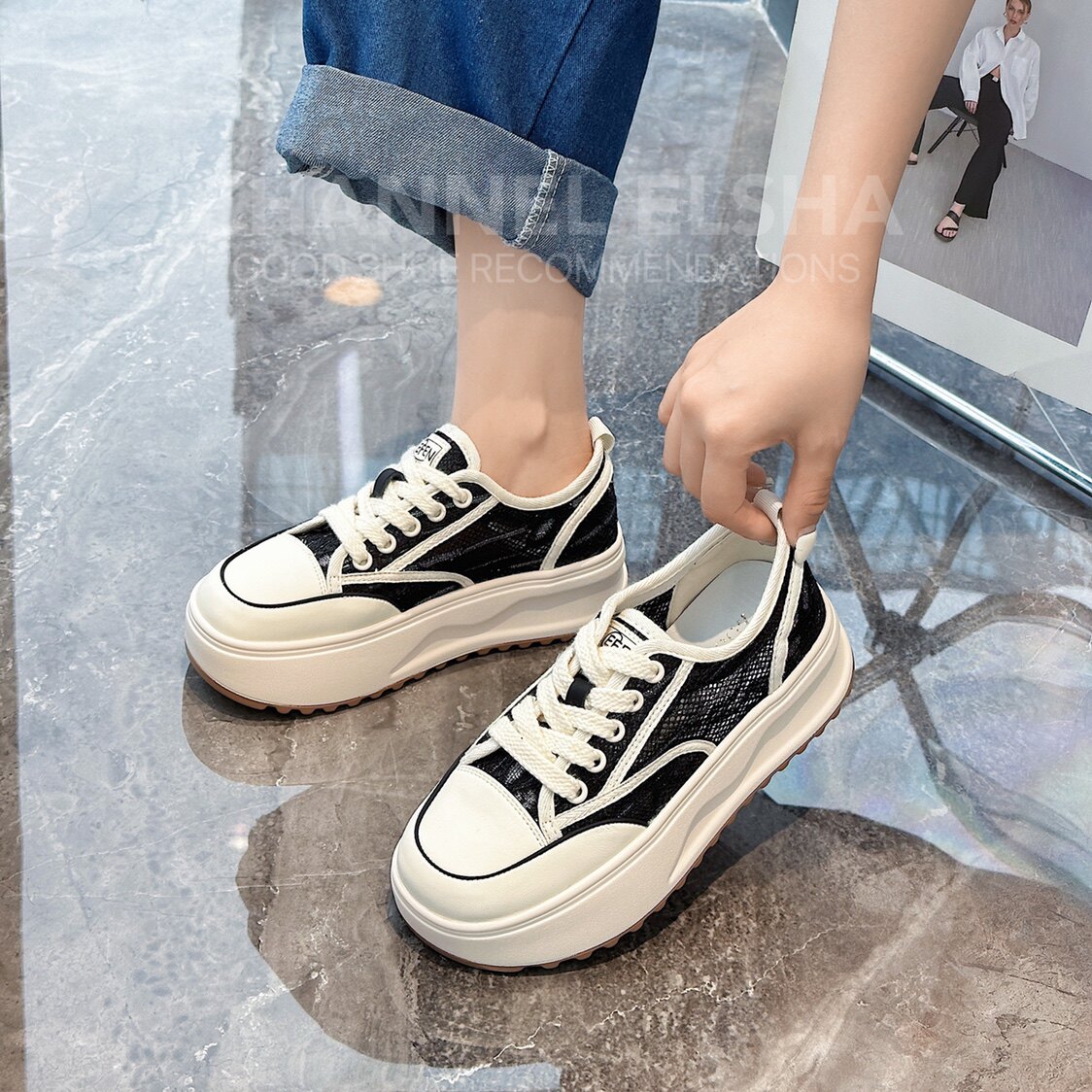蕾丝网布渔夫鞋女2025年春季新款百搭松糕底增高一脚蹬休闲网面鞋