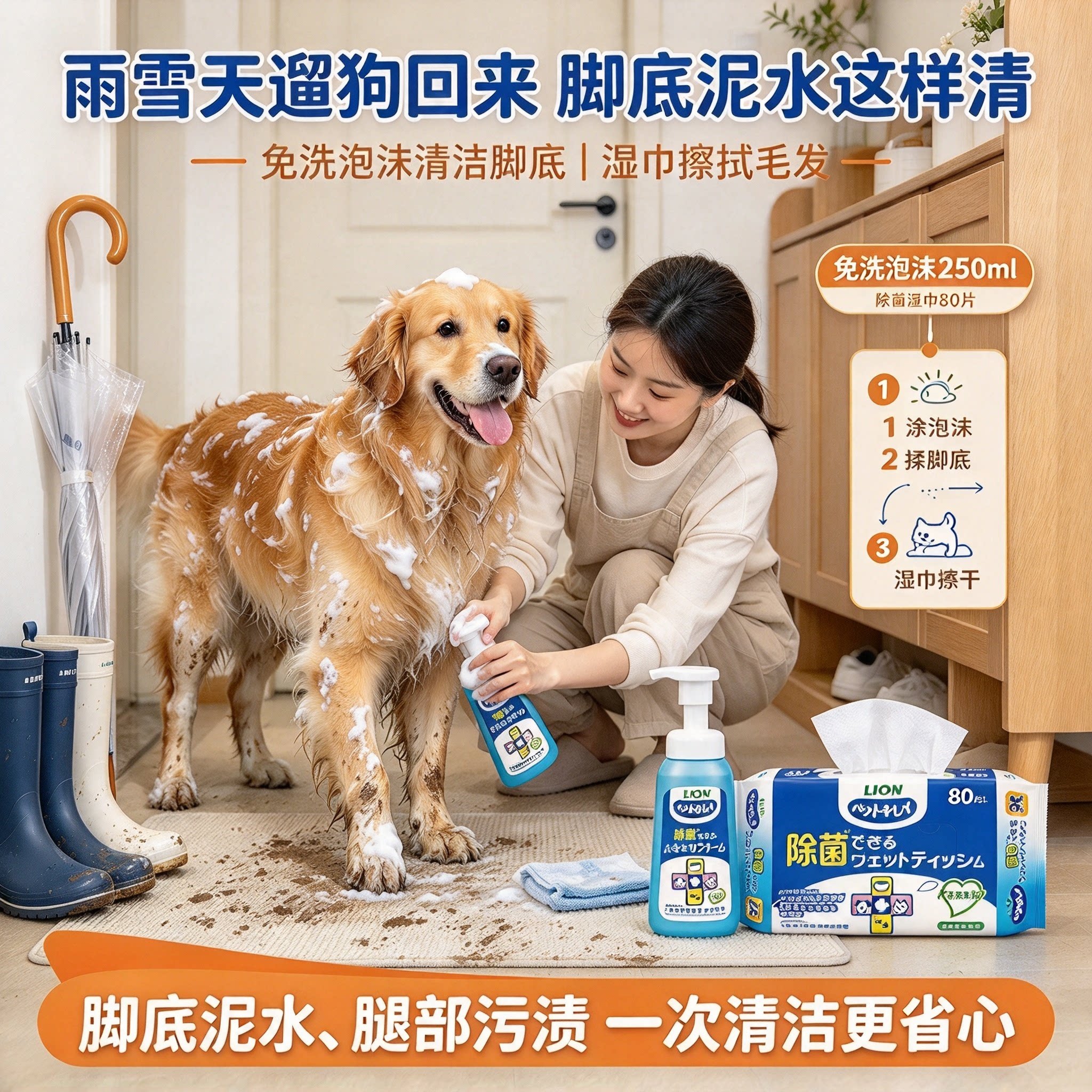 狮王宠物免洗泡沫250ml+除菌湿巾80片组合狗狗遛狗擦脚免水洗清洁