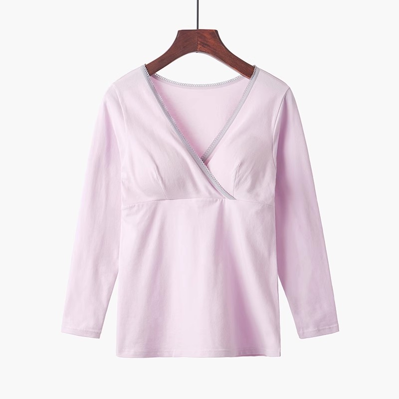大码纯棉长袖哺乳上衣 交叉式喂奶服 弹力V领 孕妇可穿