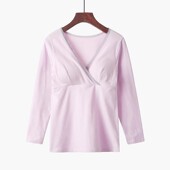 弹力V领 大码 孕妇可穿 交叉式 喂奶服 纯棉长袖 哺乳上衣