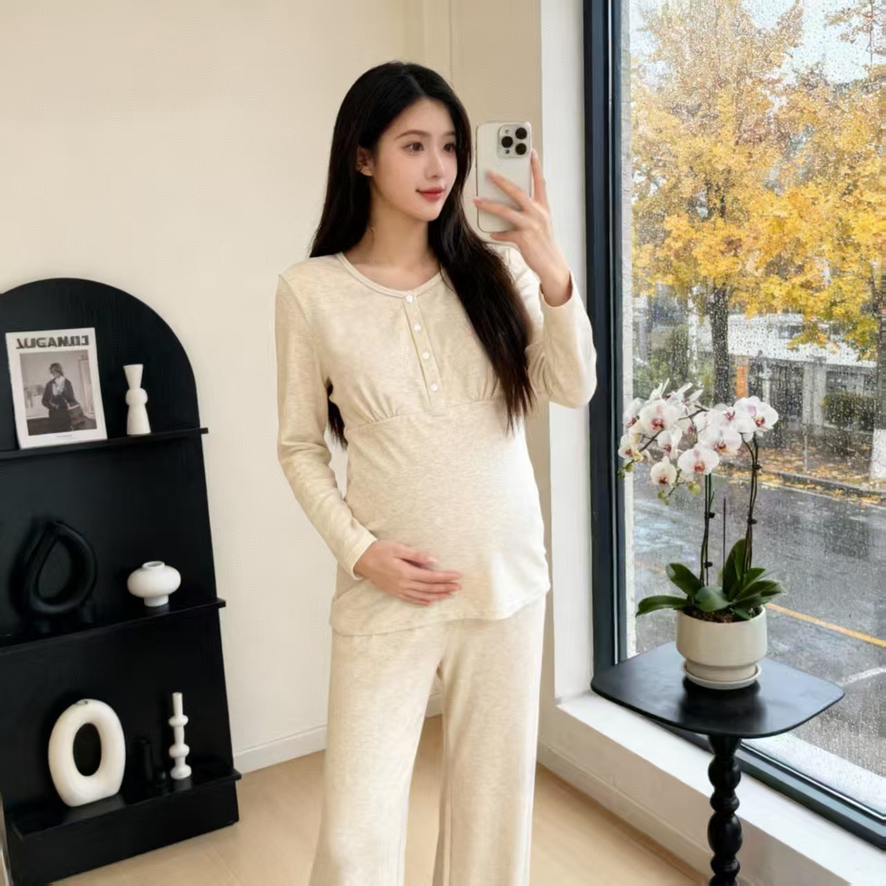 彩纱棉毛加厚前扣套装免文胸大码家居月子服休闲哺乳衣