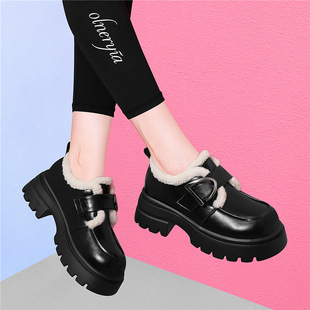 厚底增高加绒乐福鞋女新款英伦风一字扣带高跟小皮鞋百搭单鞋棉鞋